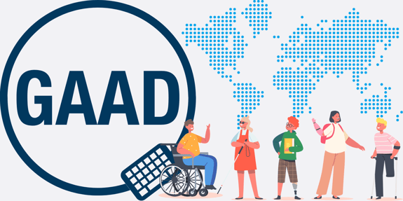 Animated photo of diverse group of people with a dotted map of the world in the background and the logo of GAAD on the left.